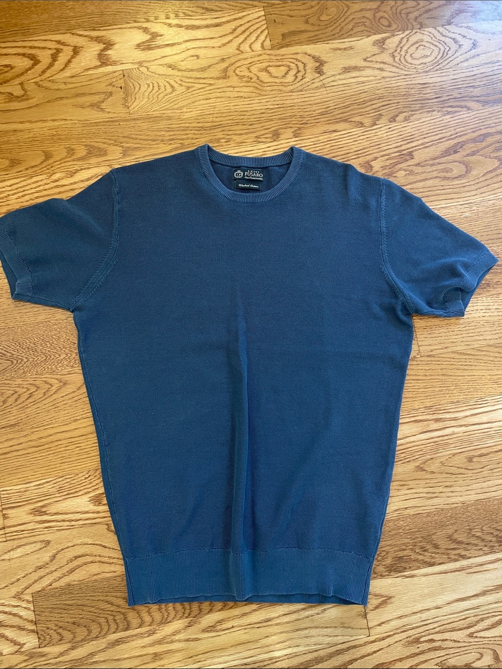 Washed Cotton Navy Short-Sleeve Knit Crewneck Shirt for Men